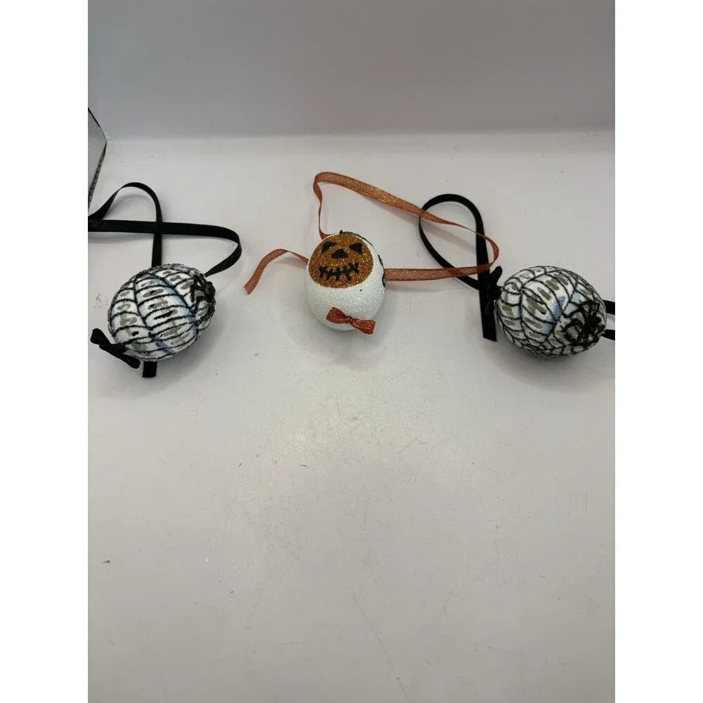 Set Of 3 Halloween Ornament: Peter Priess Egg; Spooky Black Spider Web Pumpkin